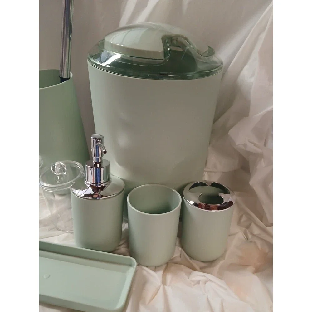 Mint Green Modern Plastic Bathroom Accessory Set 10pc w/ Soap Disp, Brush